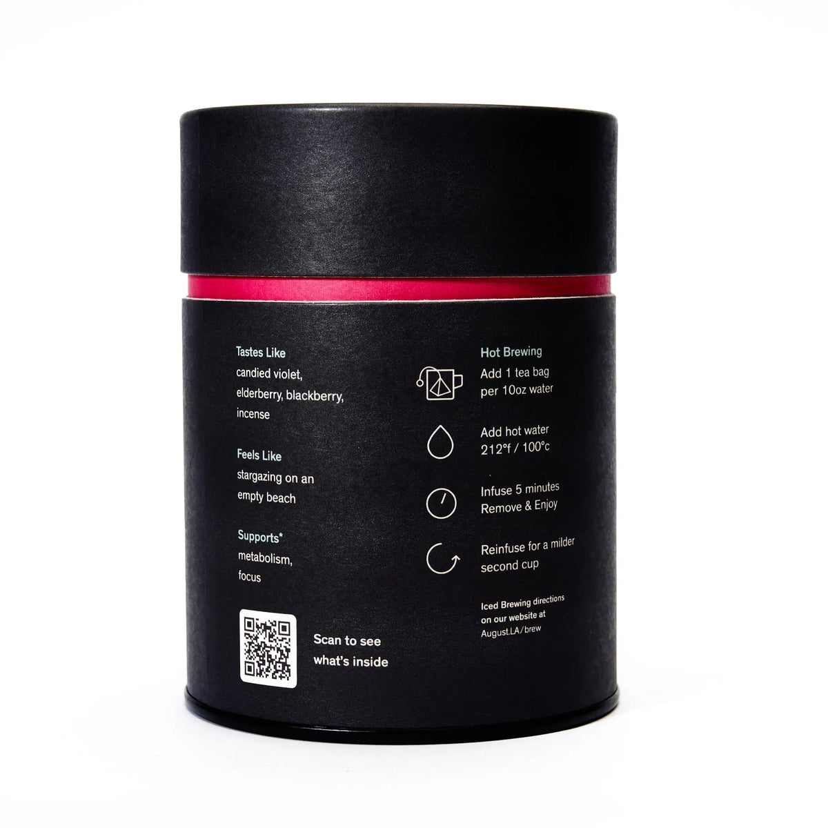 Back of August Black Metallic Violet Elderberry Black Tea tin showing brewing and product information