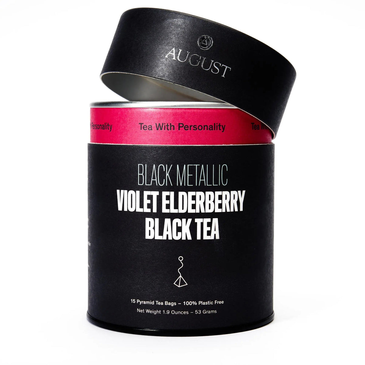 Open August Black Metallic tea tin displaying individually portioned pyramid tea bags