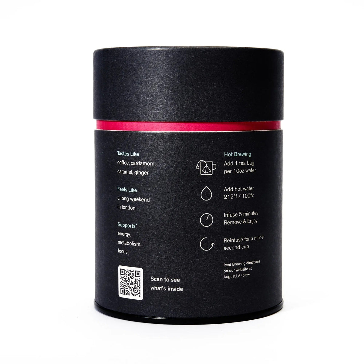 Back of August Dirty Chai Spicy Black Tea with Coffee tin displaying product information and ingredients