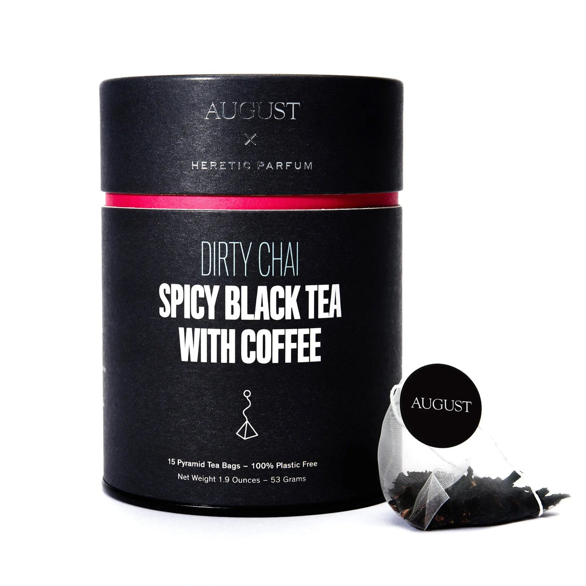 August Dirty Chai Spicy Black Tea with Coffee in a black tin with pink accents and 15 tea bags