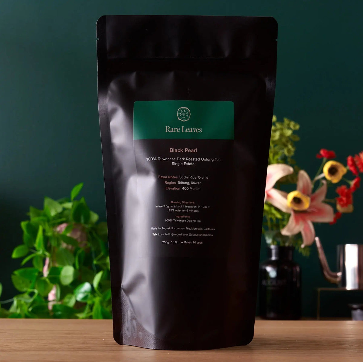 August Rare Leaves Black Pearl Taiwanese dark roasted oolong tea in black and green refill pouch