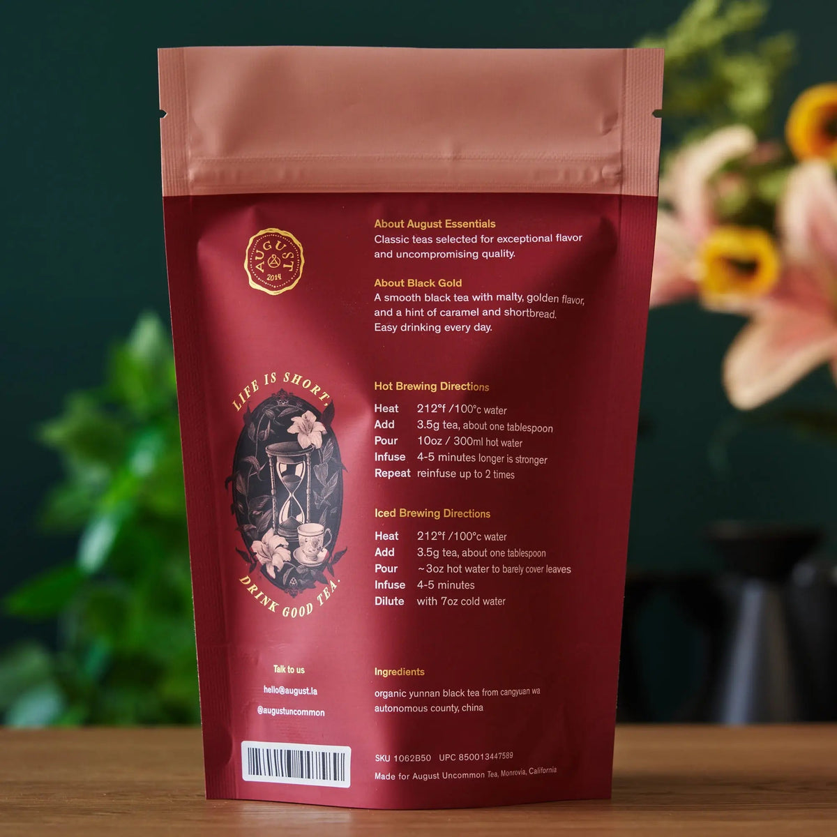 Back of August Essentials Black Gold tea pouch showing ingredients and product information