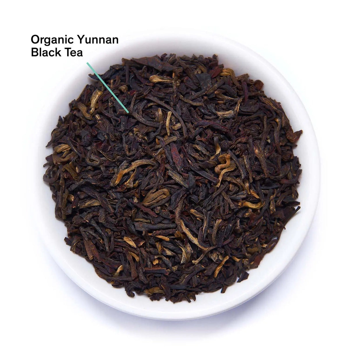 Close-up of organic Yunnan black tea leaves with naturally malty caramel and shortbread tasting notes
