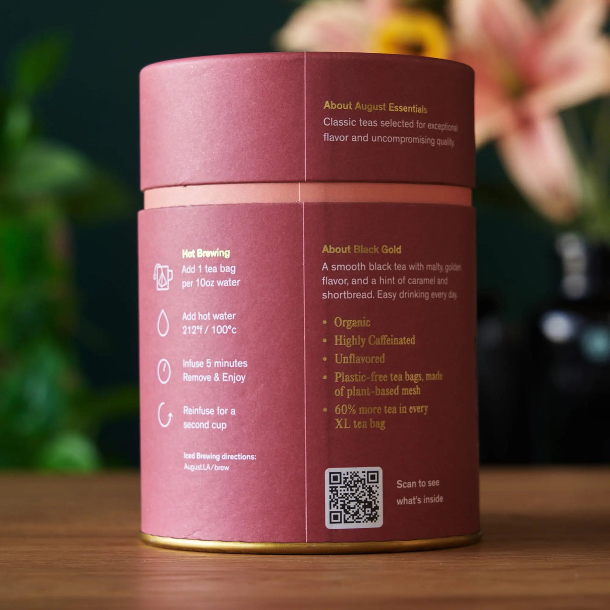 Back of August Black Gold Organic Yunnan Black Tea container showing product information and brewing instructions