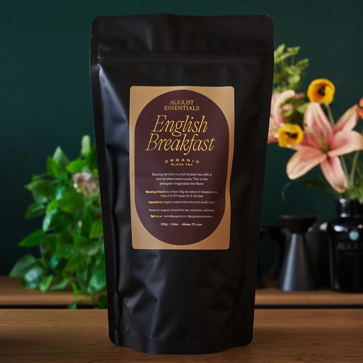 August Essentials English Breakfast organic loose leaf black tea in larger 70-cup refill bag