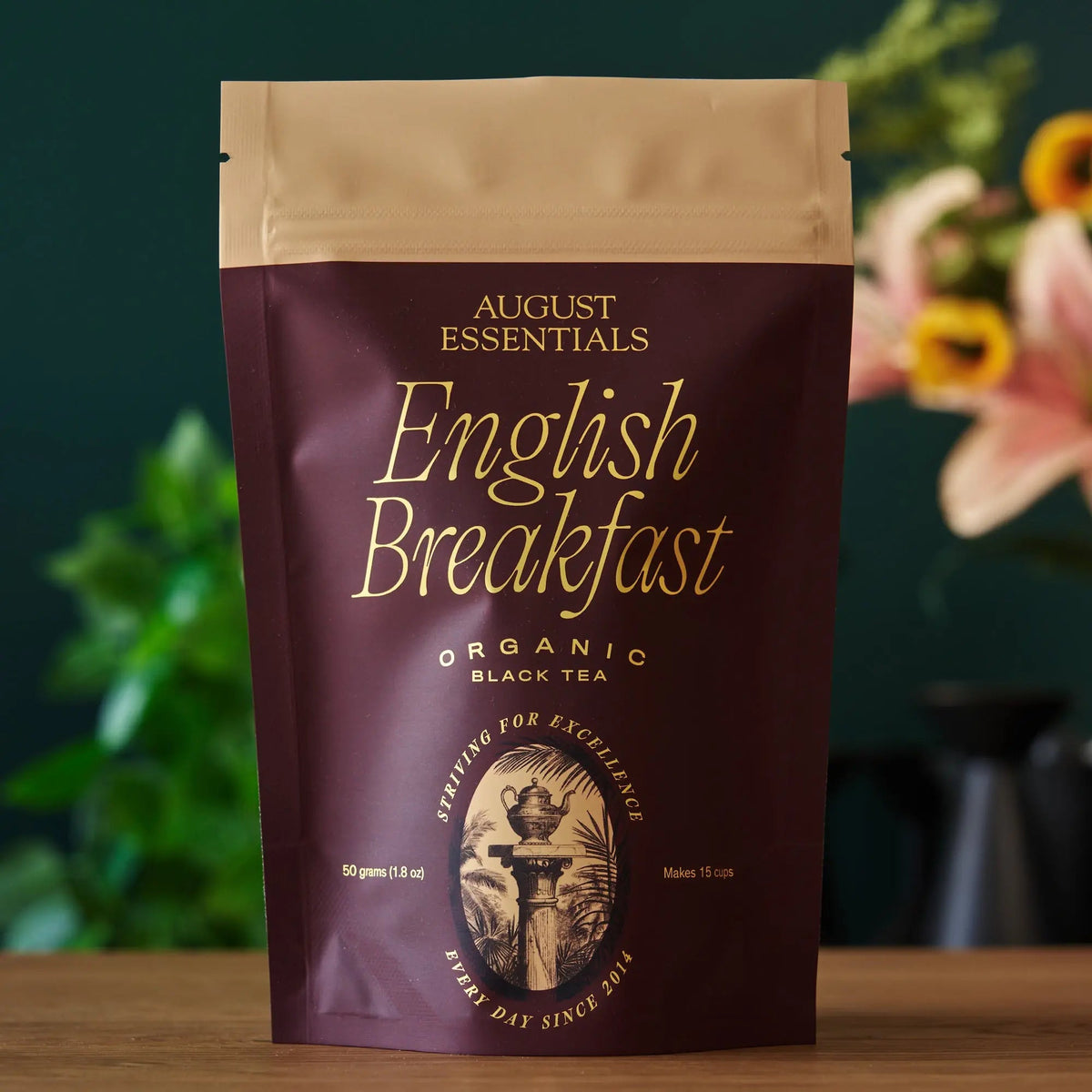 August Essentials English Breakfast organic loose leaf black tea in brown 15-cup pouch