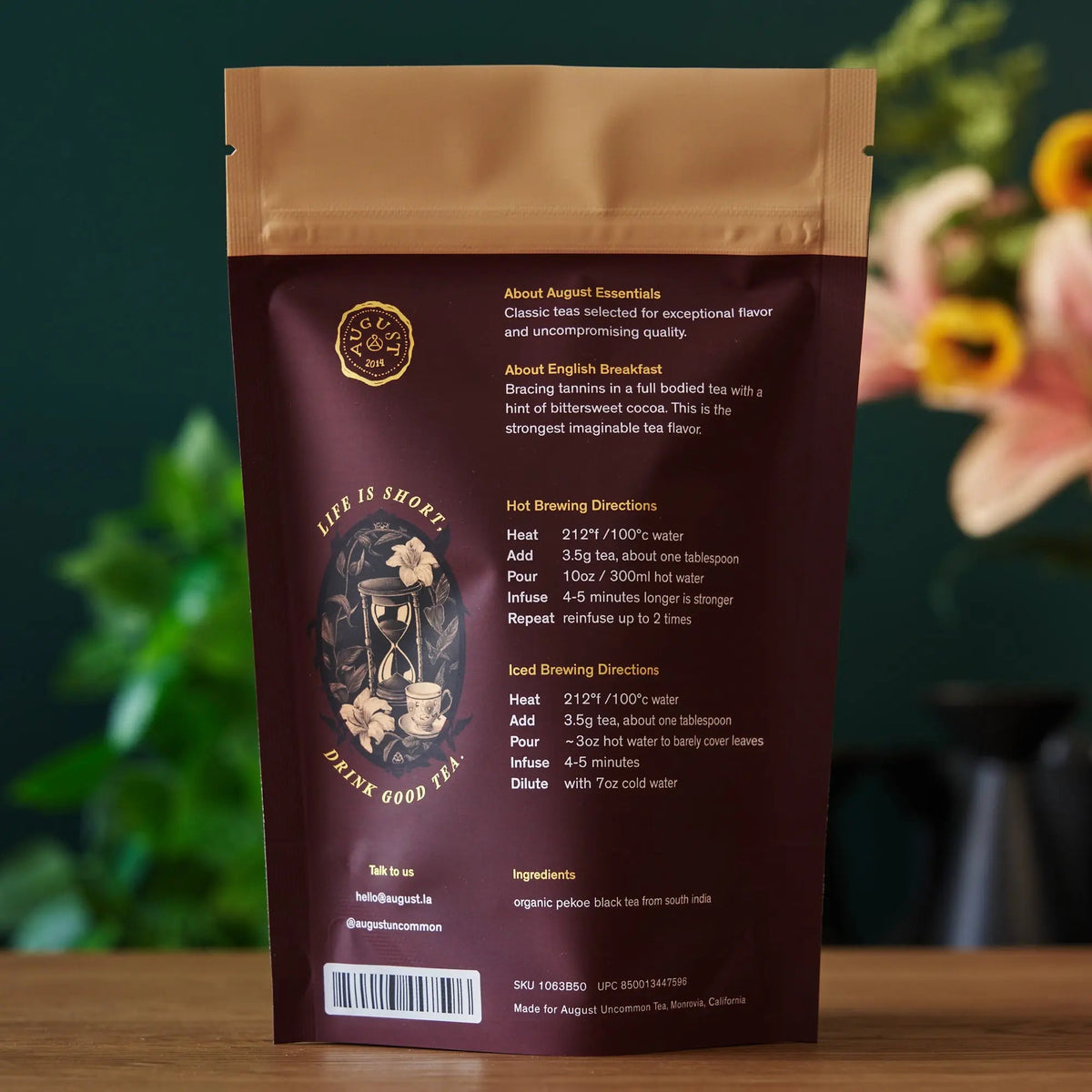 Back of August Essentials English Breakfast tea pouch showing product information