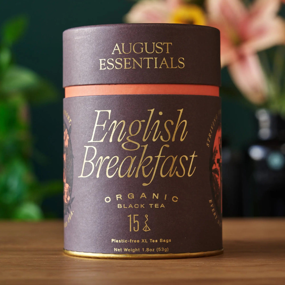 August Essentials Organic English Breakfast Black Tea in a premium brown tin containing 15 tea bags