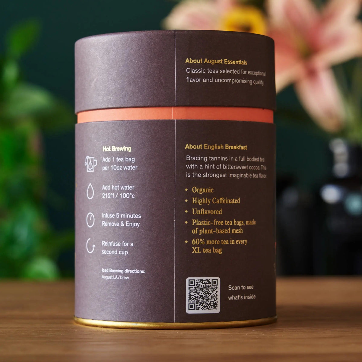 Back of August Essentials English Breakfast Black Tea tin showing product information and brewing instructions