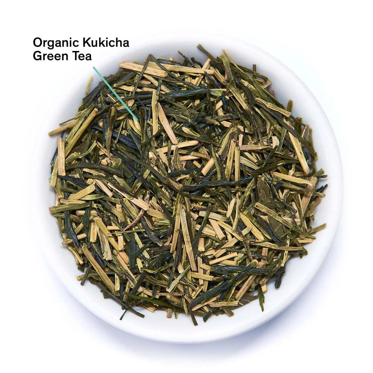 Close-up of organic Japanese kukicha green tea with naturally sweet lemon and honeysuckle tasting notes
