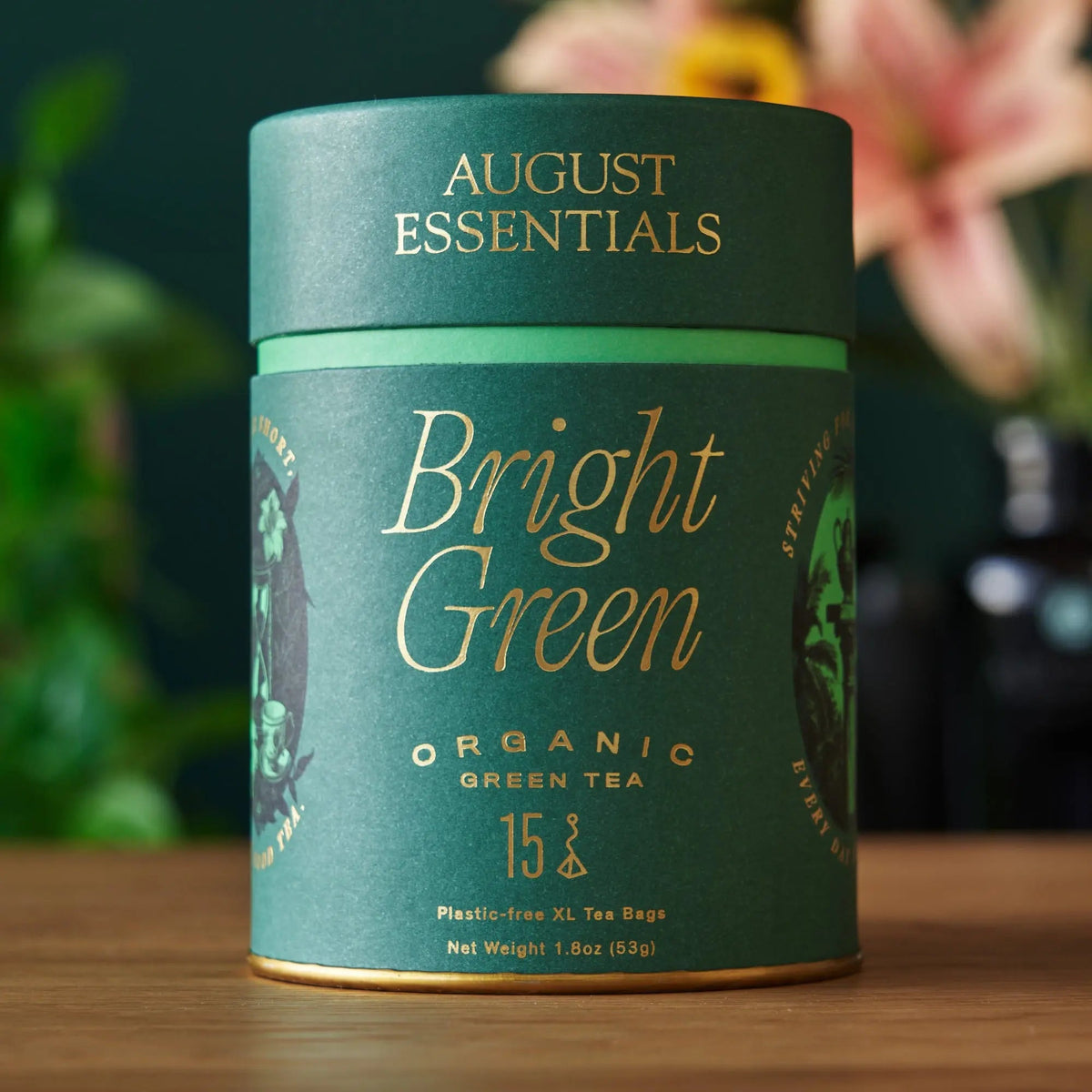 August Essentials Bright Green organic Japanese green tea in premium green tin with 15 tea bags
