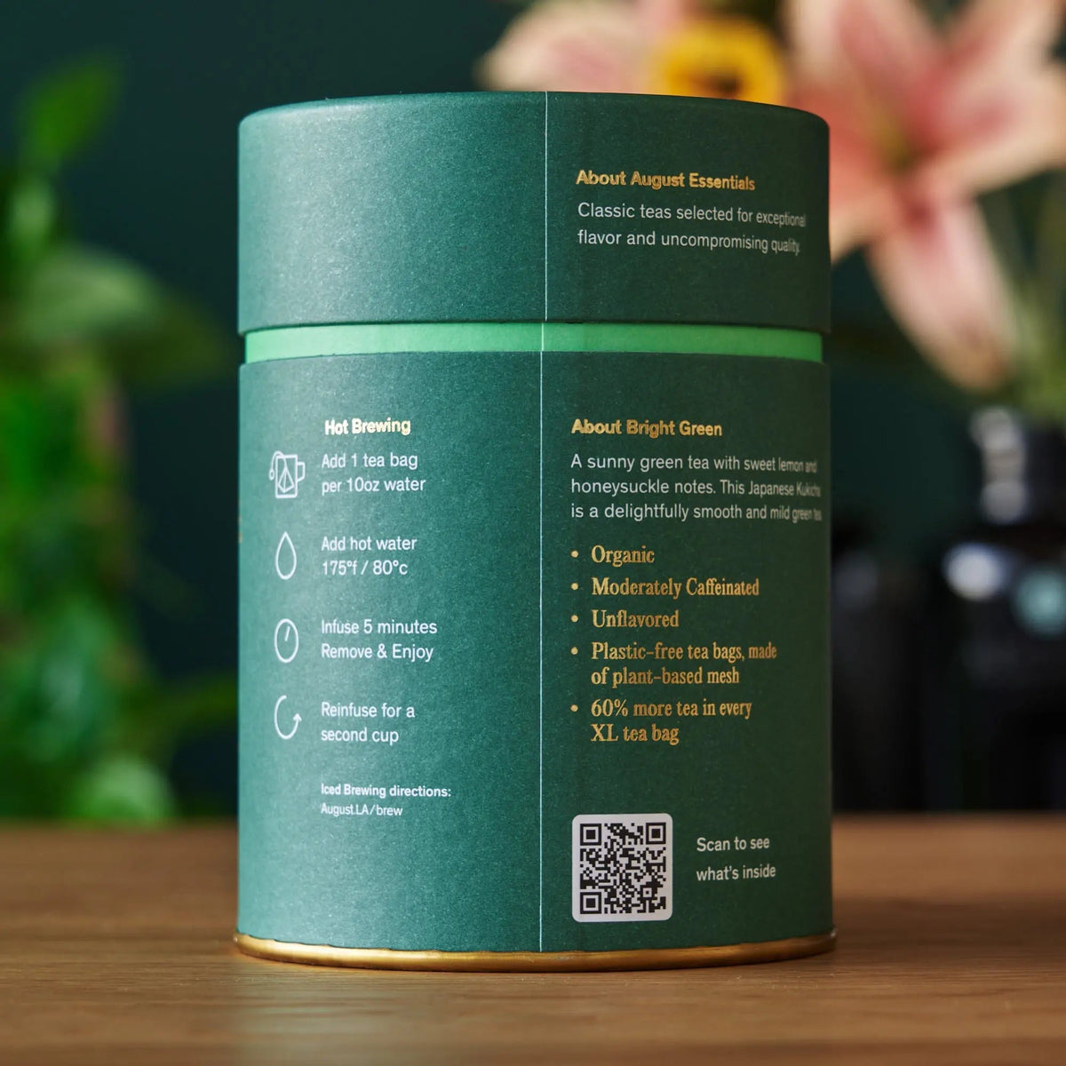 Back of August Essentials Bright Green green tea tin showing product details and brewing instructions