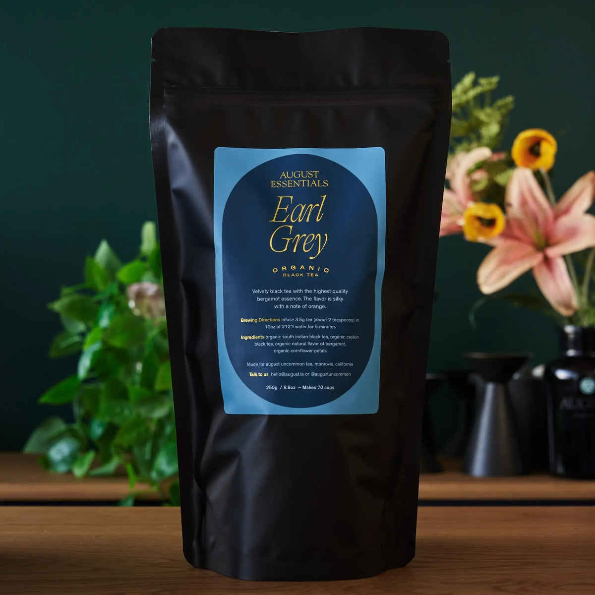 August Essentials Earl Grey loose leaf black tea in larger black resealable pouch