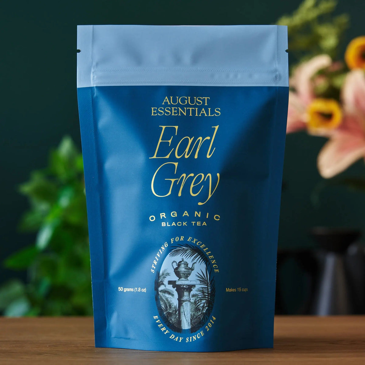 August Essentials Organic Earl Grey loose leaf black tea in blue resealable pouch