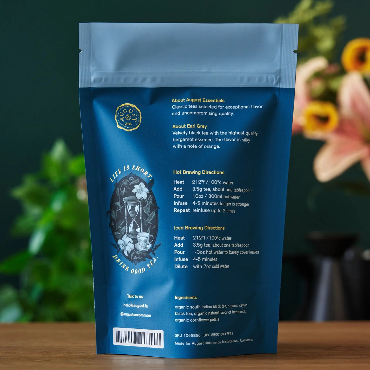 Back of August Essentials Earl Grey black tea pouch showing product information
