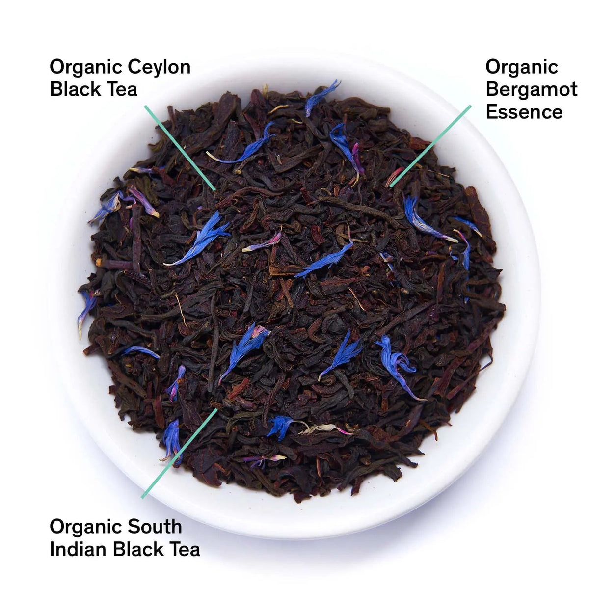 Close-up of August Earl Grey black tea blend with organic cornflower petals and bergamot ingredients