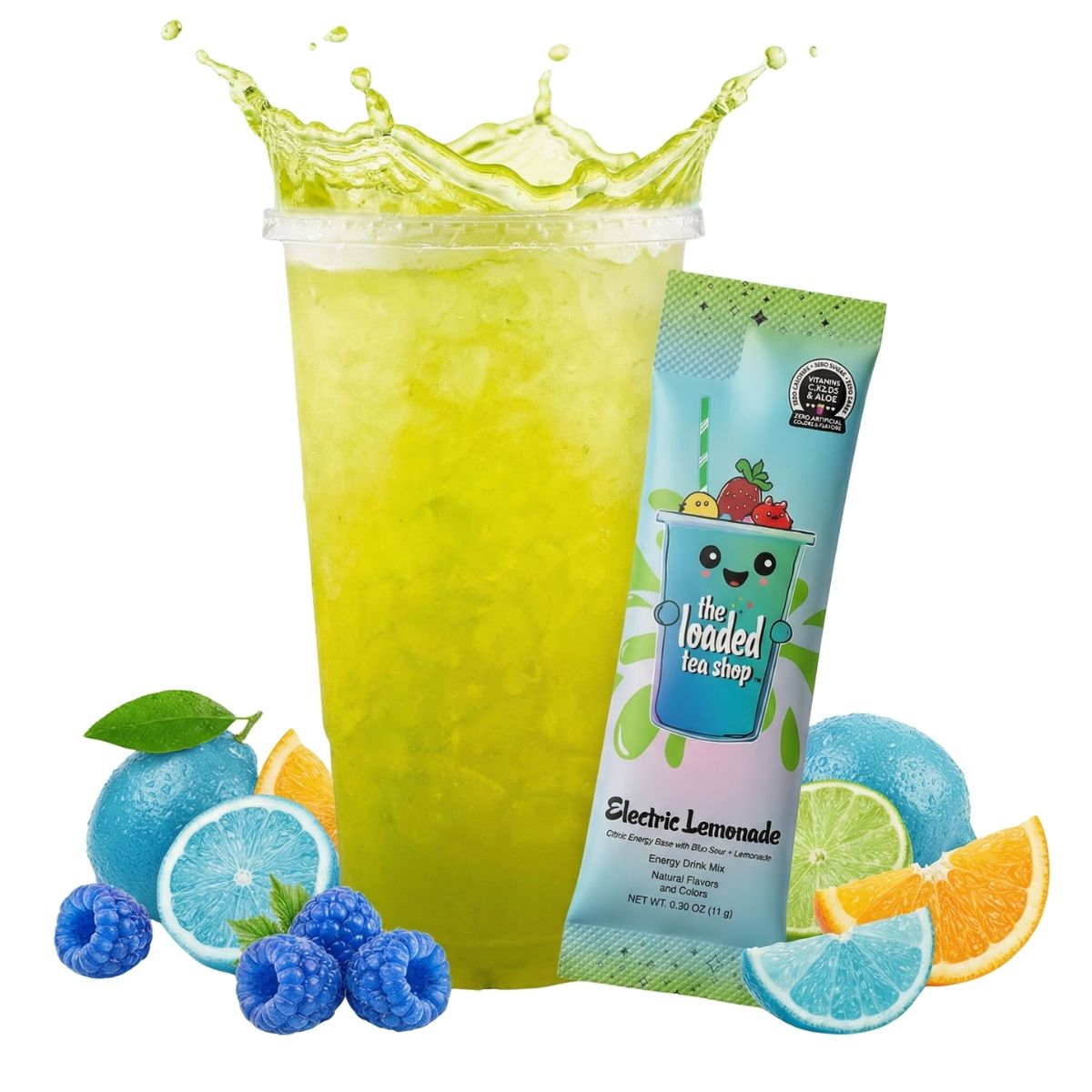 Loaded Tea Shop Electric Lemonade energy drink mix packet with iced lemonade, lemons and blue raspberry imagery