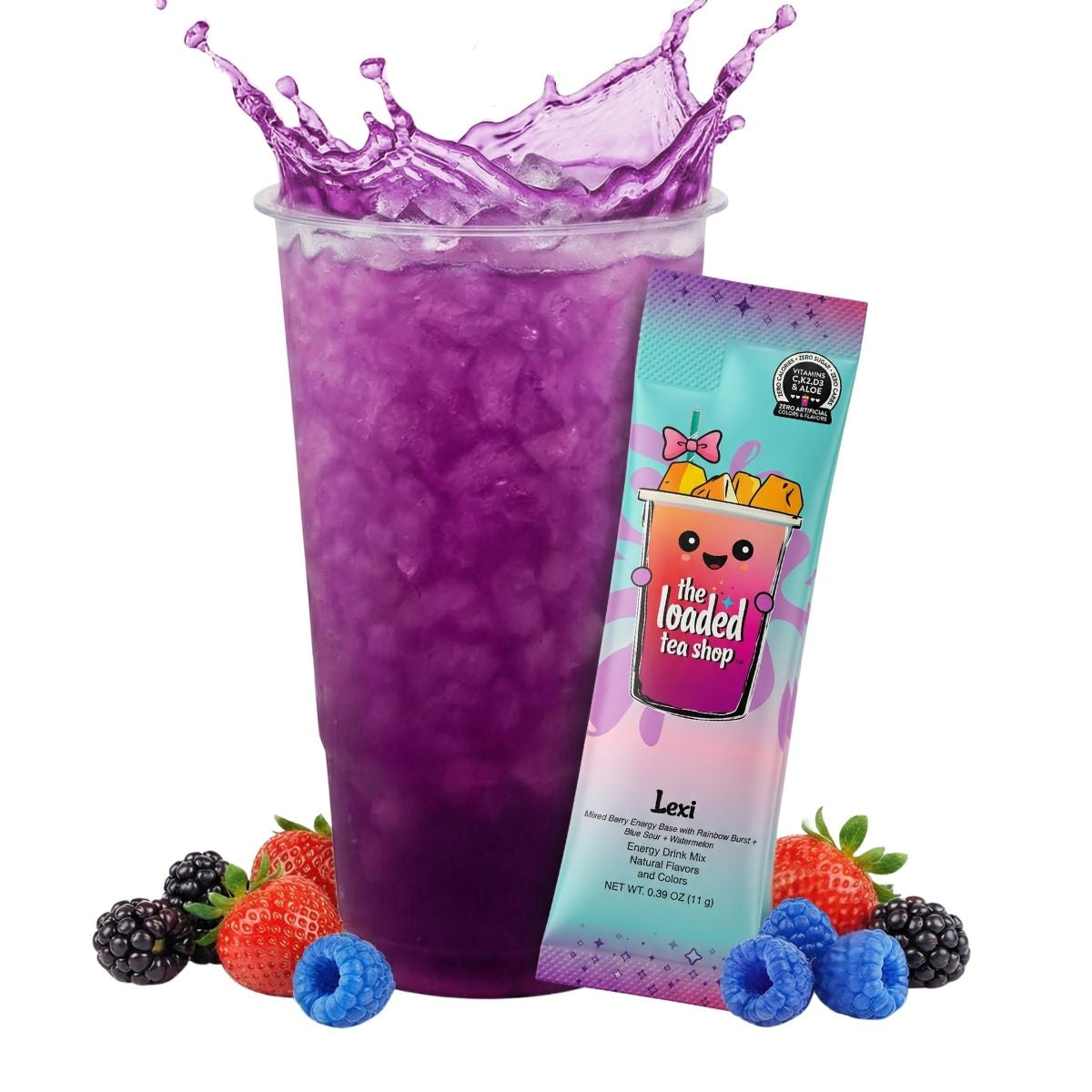 Loaded Tea Shop Lexi energy drink mix packet with purple iced tea, strawberries, blueberries and blackberries