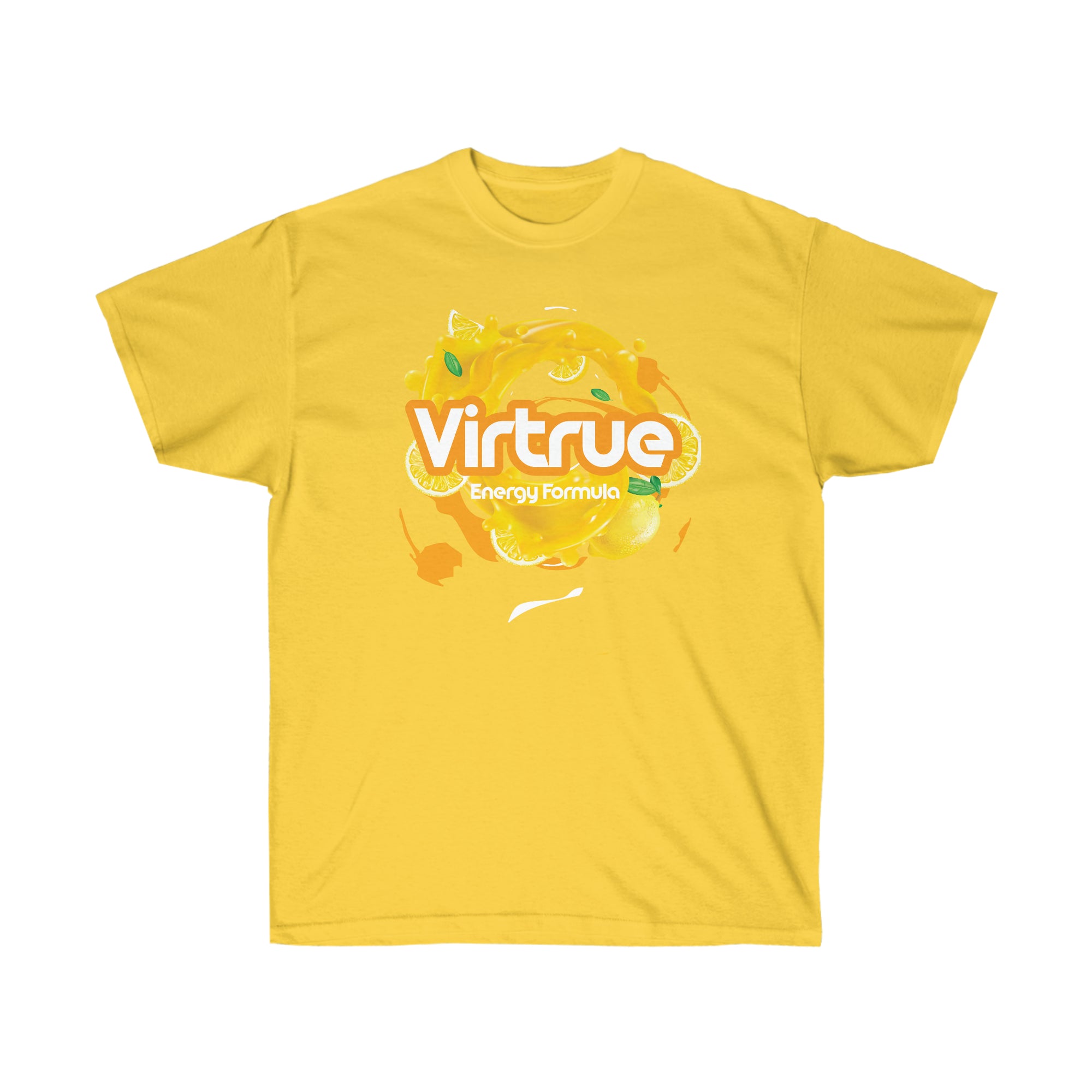 A yellow unisex t-shirt with 'Virtrue Energy Formula' printed on the front.