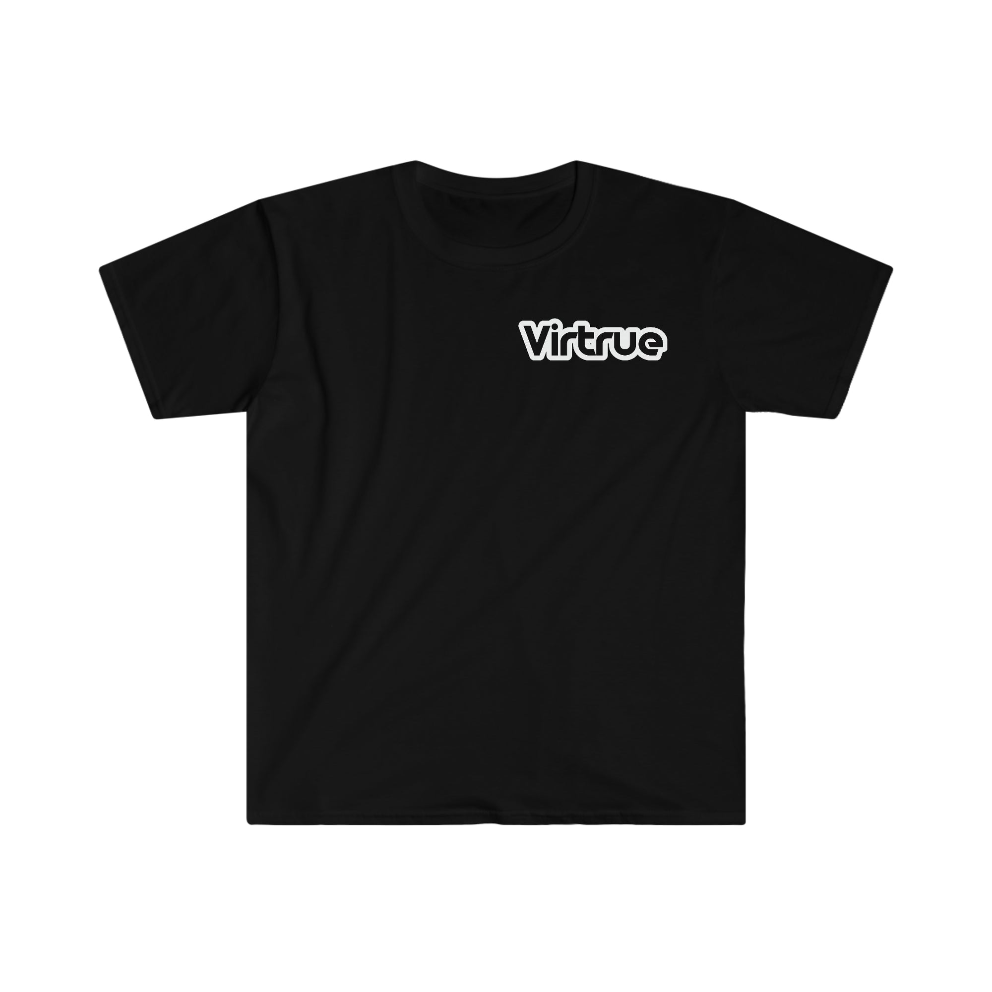 A black unisex soft-style t-shirt with the text 'VIRTRUE' printed in white on the front.