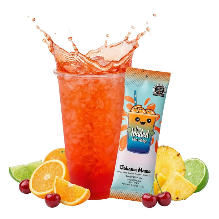 Loaded Tea Shop Bahama Mama energy drink mix packet with tropical fruit and iced loaded tea