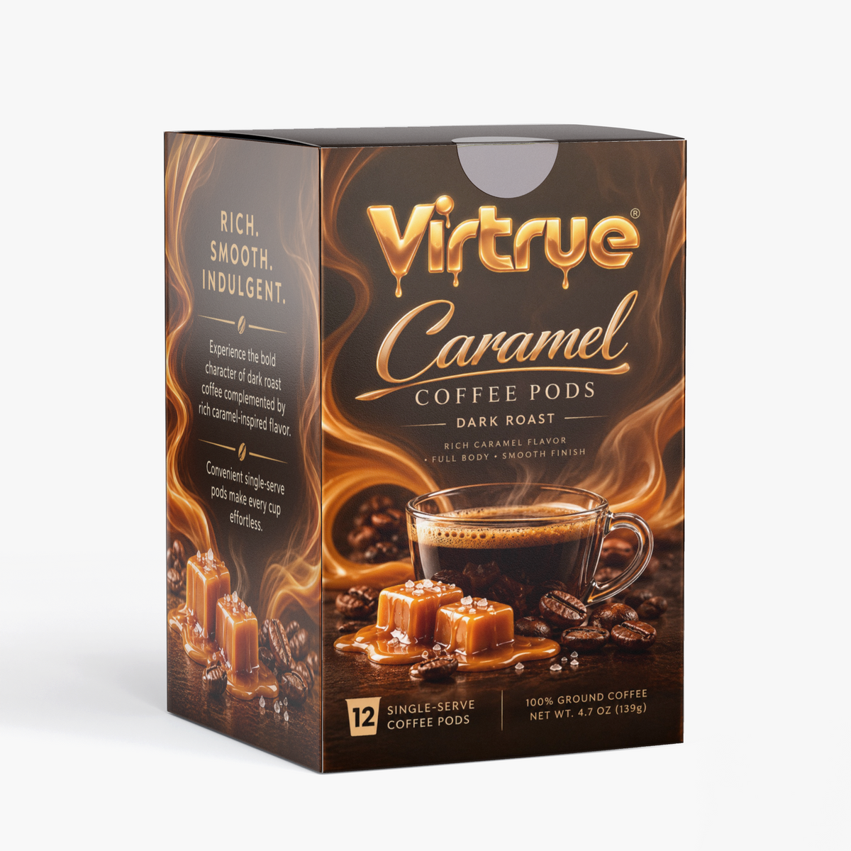 Virtrue Molten Caramel dark roast coffee pods 12-count box with caramel packaging and single-serve coffee pods