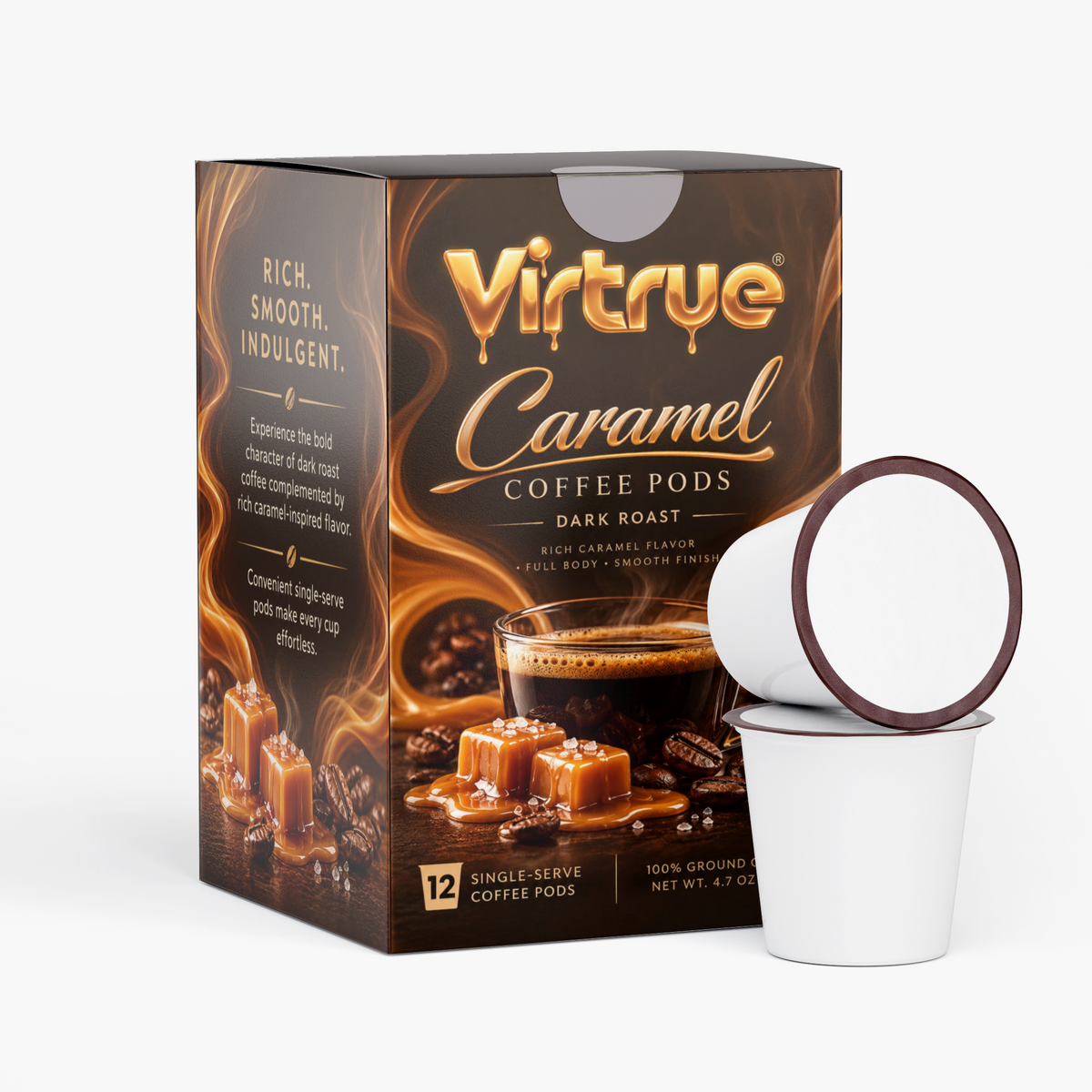 Virtrue Molten Caramel dark roast coffee pods box displayed with a single coffee pod