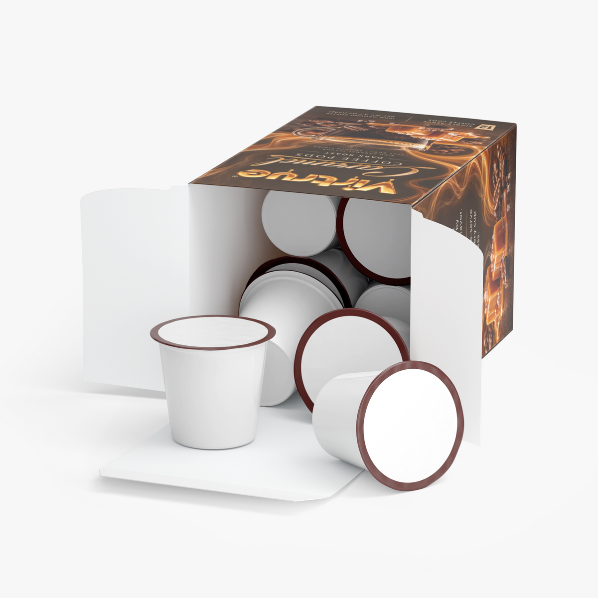 Open Virtrue Molten Caramel coffee pod box showing individual single-serve coffee pods
