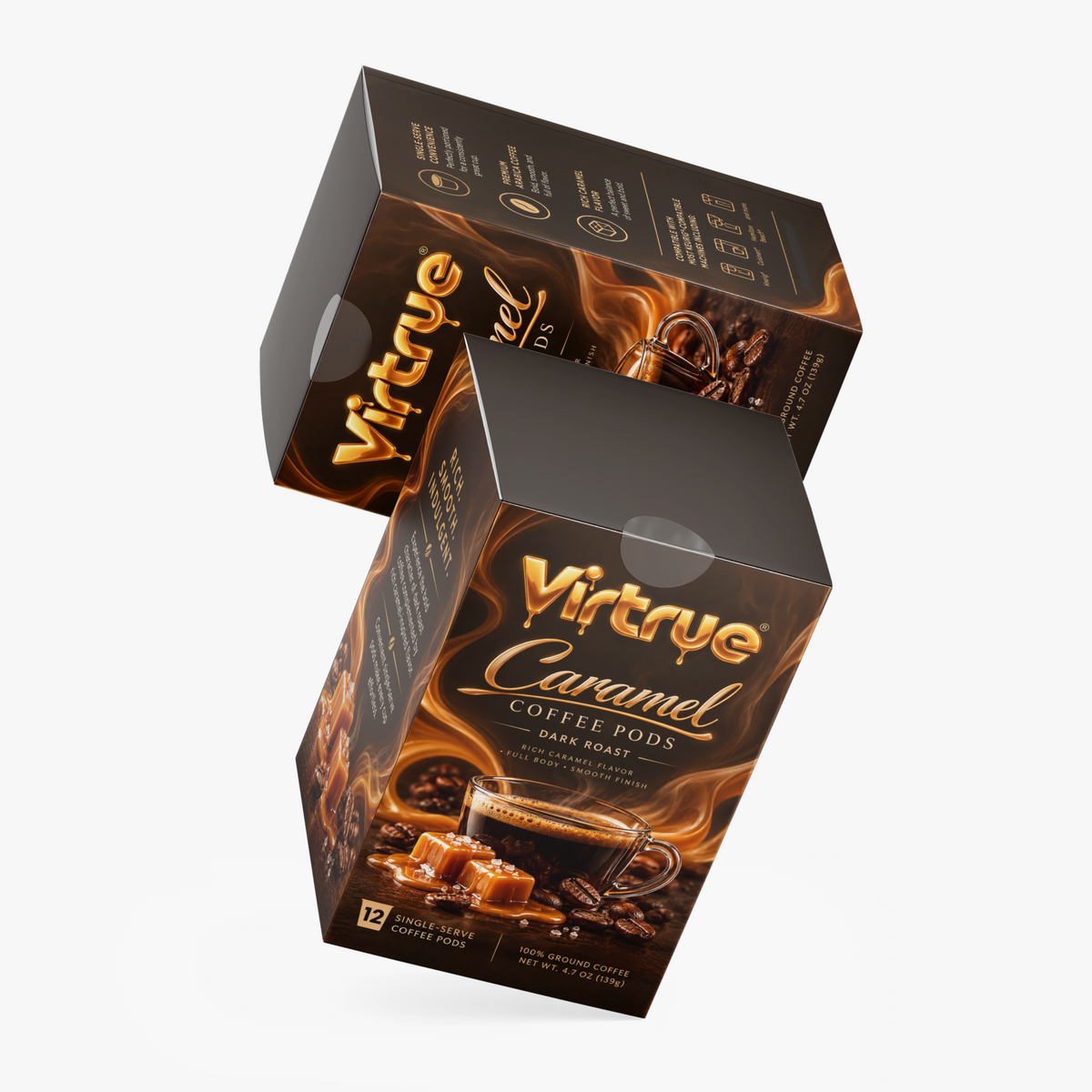 Angled view of Virtrue Molten Caramel coffee pods packaging featuring caramel and dark roast coffee artwork