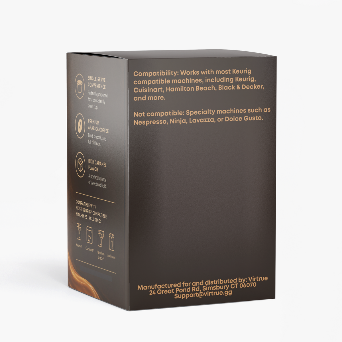 Back of Virtrue Molten Caramel coffee pods packaging with product information and compatibility details