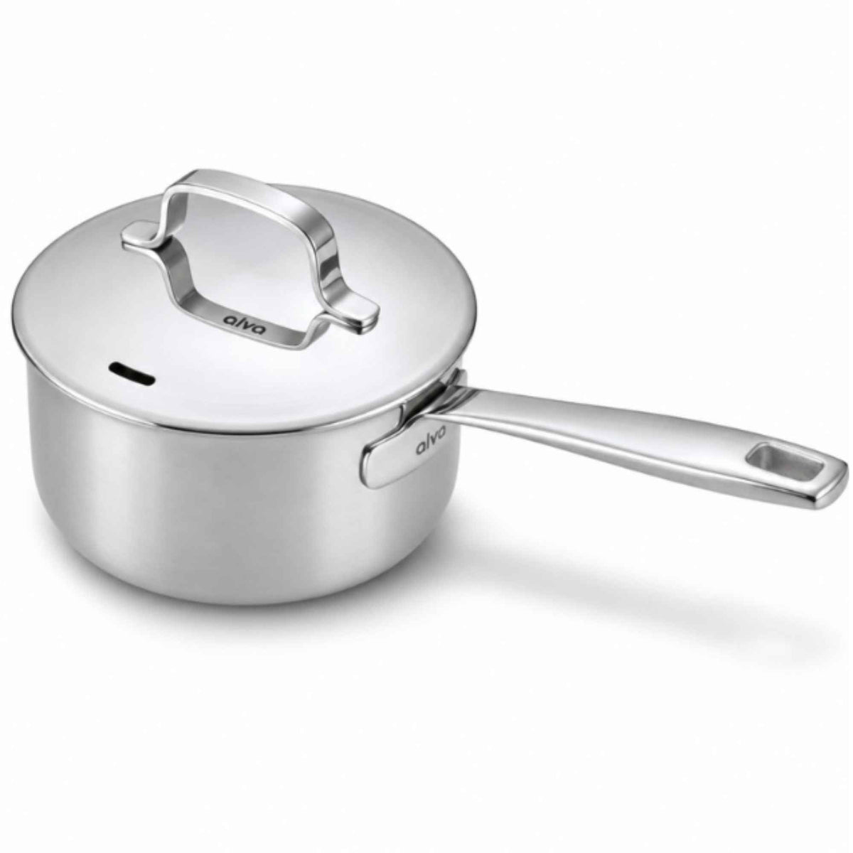 Alva 5-ply stainless steel saucepan with matching lid and long stainless steel handle