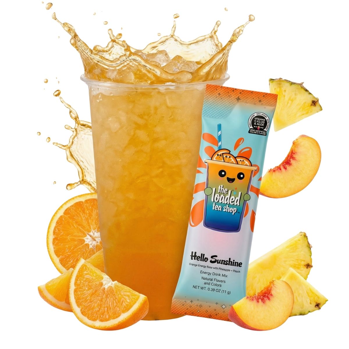 Loaded Tea Shop Hello Sunshine energy drink mix packet with orange iced tea, peaches, pineapple and orange slices