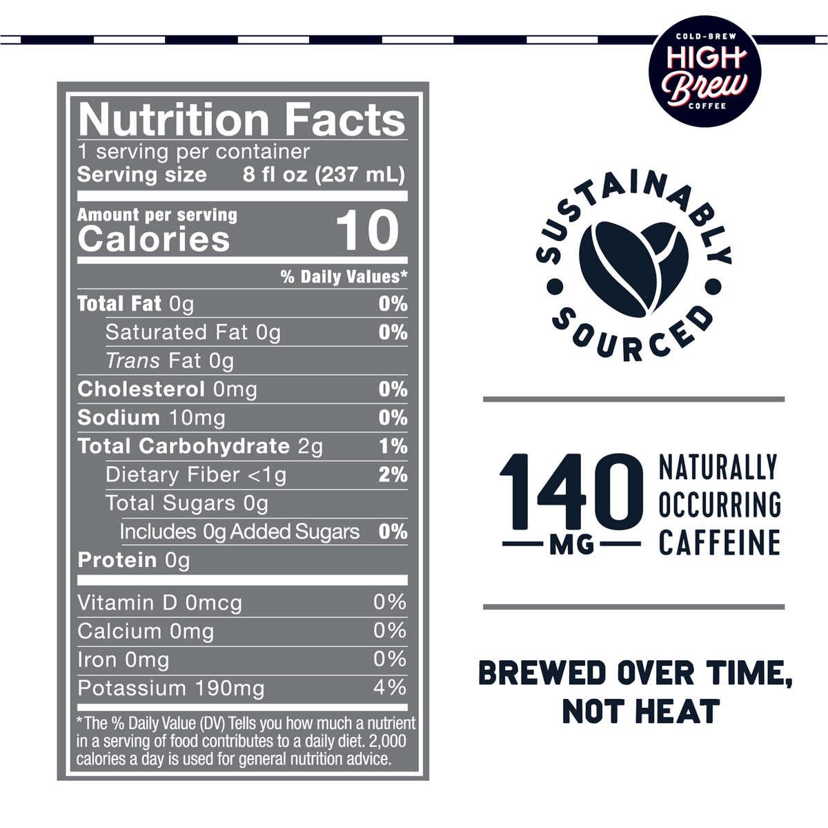 High Brew Black & Bold Cold Brew nutrition facts showing 10 calories, zero sugar and 140mg caffeine per 8oz can