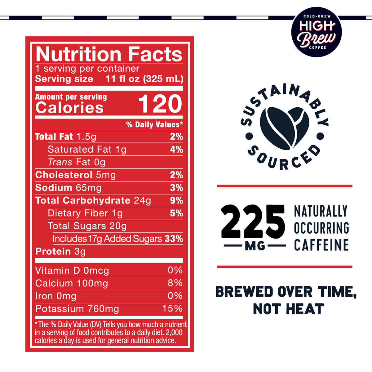 High Brew Espresso Triple Shot nutrition facts showing 120 calories and 225mg caffeine per 11oz can