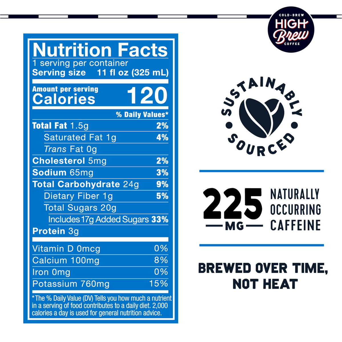 High Brew Vanilla Bean Triple Shot nutrition facts showing 120 calories and 225mg caffeine per 11oz can