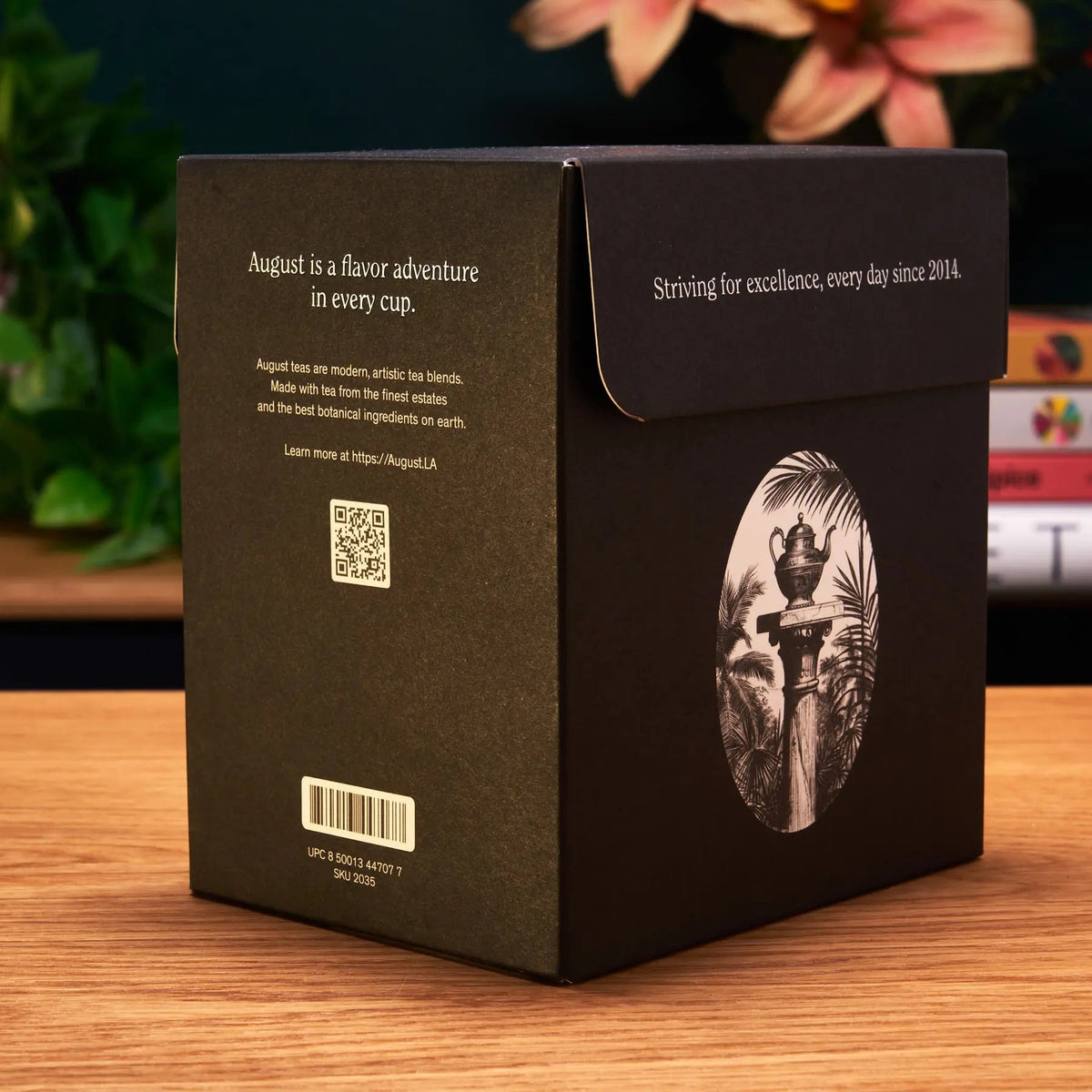 Back of August Uncommon Tea Top 10 sampler gift box showing product information and packaging details