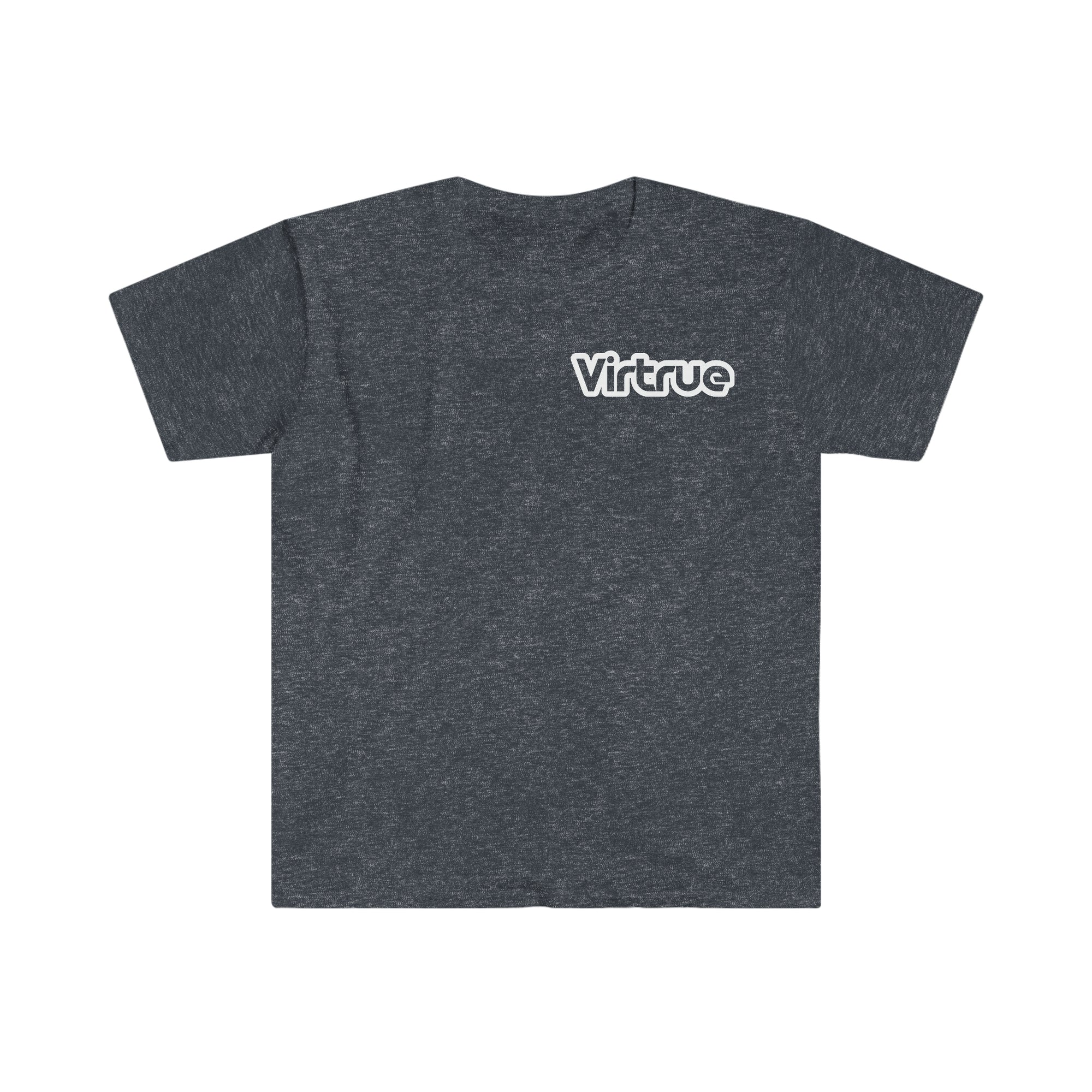 A gray unisex soft-style t-shirt with the text 'VIRTRUE' printed in white on the front.