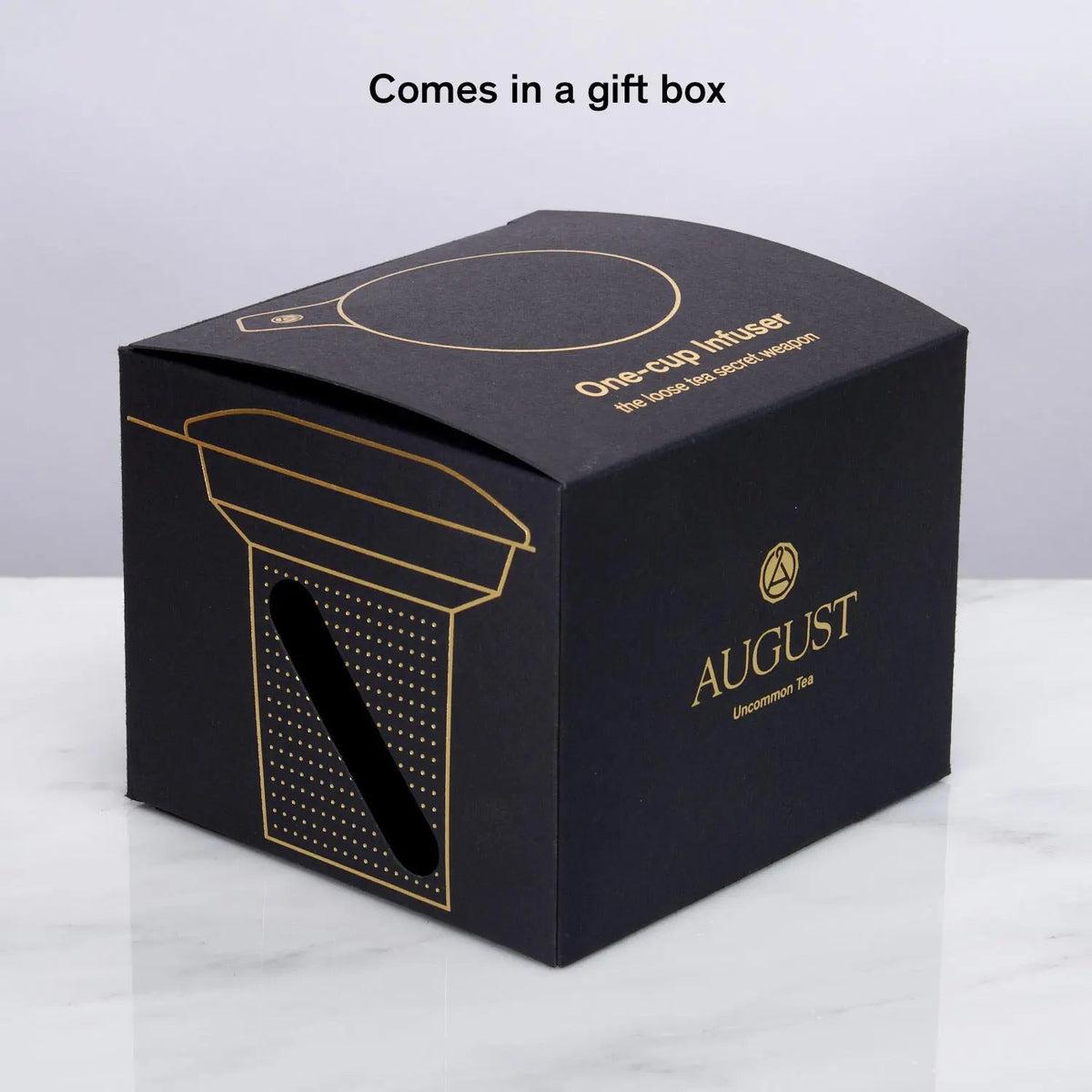 August One Cup tea infuser and teaware shown in black product packaging
