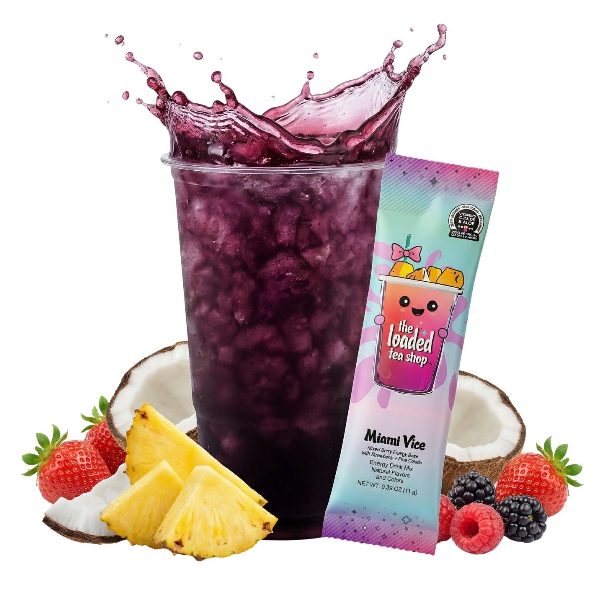 Loaded Tea Shop Miami Vice energy drink mix packet with purple iced tea, strawberries, pineapple and raspberries
