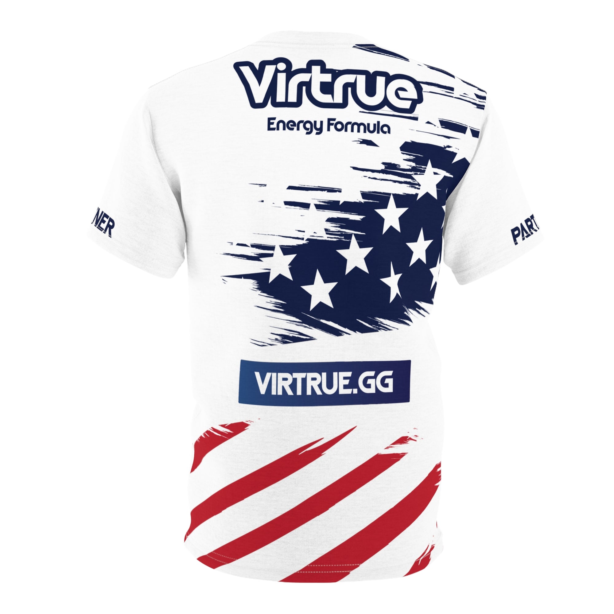 A white t-shirt with a patriotic design featuring stars and stripes in red, white, and blue colors, and the text 'VIRTRUE' on the chest.