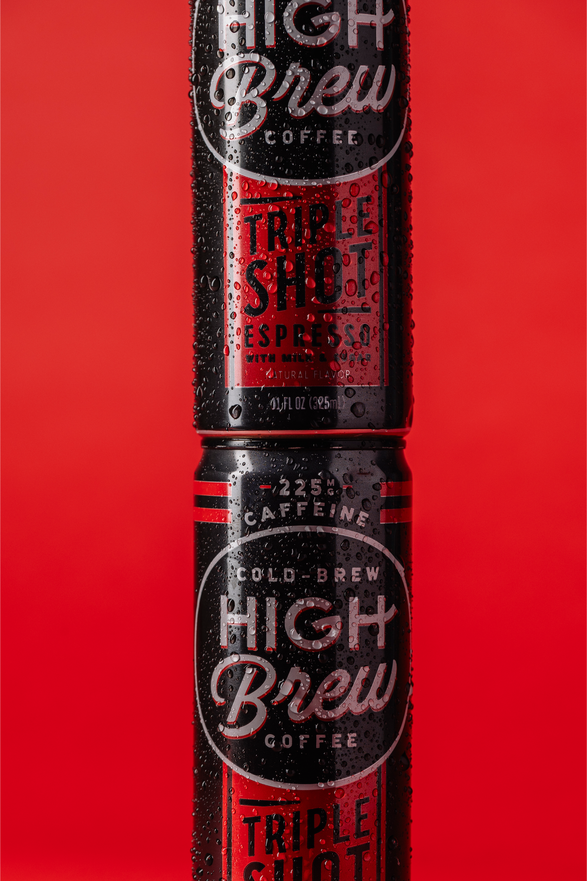 High Brew Espresso Triple Shot Cold Brew Coffee black and red cans on red background