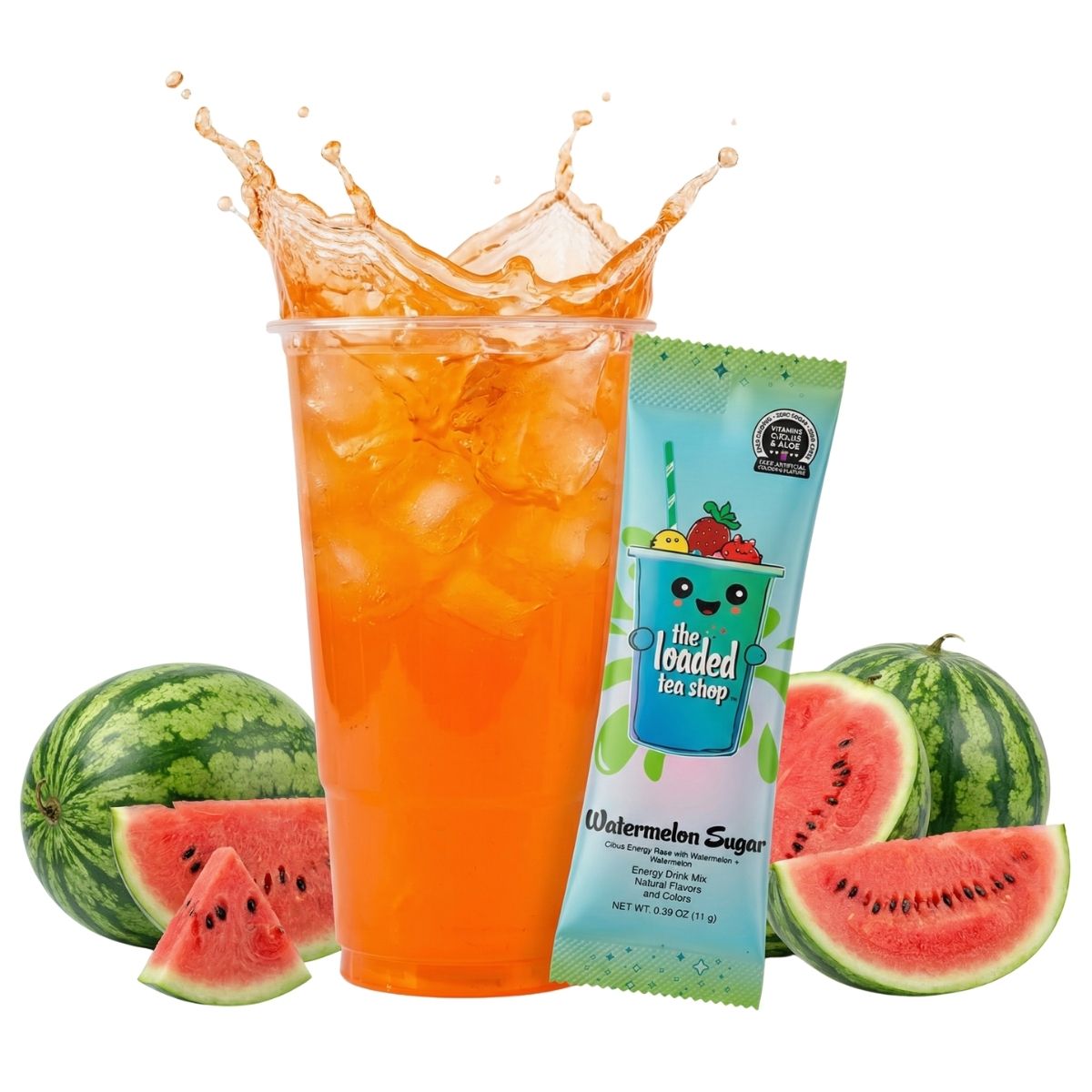 Loaded Tea Shop Watermelon Sugar energy drink mix packet with iced orange tea and fresh watermelon slices