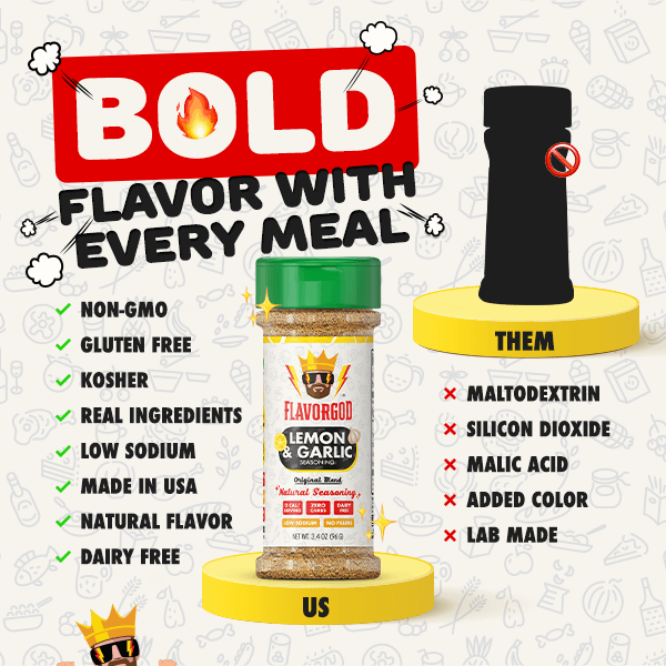 FlavorGod Lemon and Garlic Seasoning bold flyer sold by Virtrue
