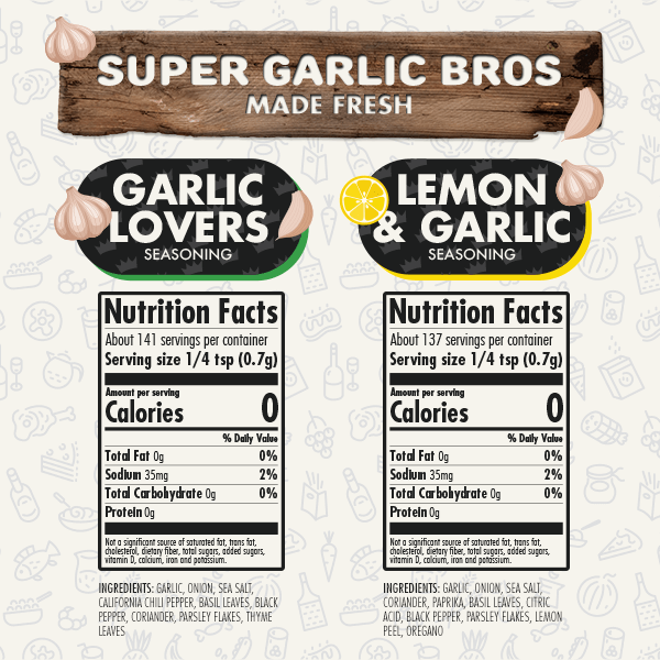 FlavorGod Garlic Lovers and Lemon Garlic seasoning bottles with nutrition facts