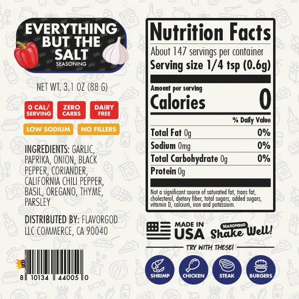 FlavorGod Everything But The Salt Seasoning nutrition facts sold by Virtrue