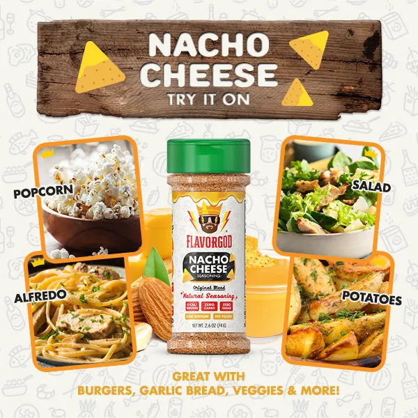 FlavorGod Nacho Cheese seasoning try it on different foods flyer sold by Virtrue