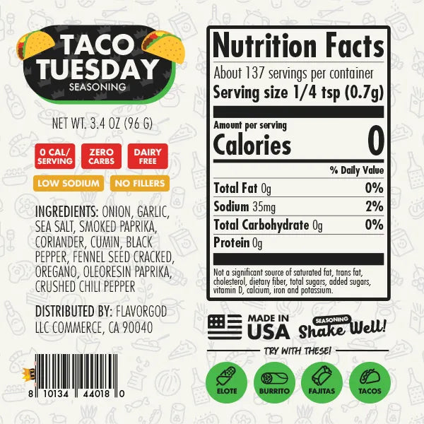 FlavorGod Tace Tuesday Seasoning nutrition facts