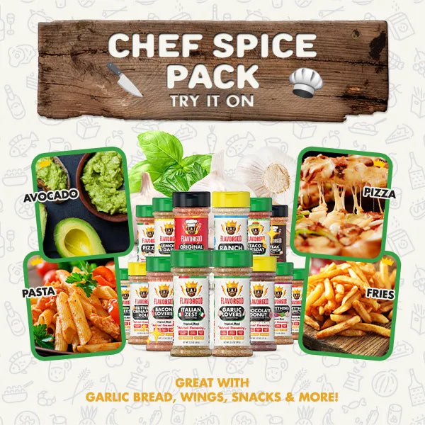 FlavorGod Chef Spice Pack seasoning assortment with prepared foods