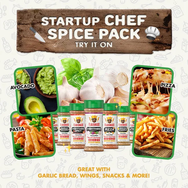 FlavorGod Startup Chef Spice Pack seasoning assortment with prepared foods