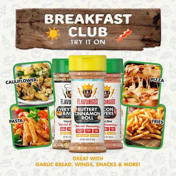 FlavorGod Breakfast Club seasoning trio with prepared breakfast foods